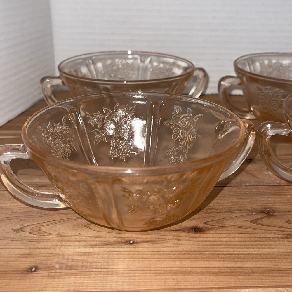 1930's Federal Pink Glass Cabbage Rose Set of 6 Dessert Bowls & Plates  VINTAGE